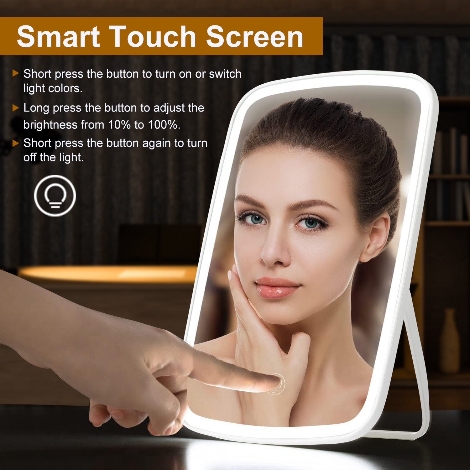 1Pc 5.98x8.62in Lighted Makeup Mirror Vanity Desk Mirror Small LED Mirror With 3 Light Colors Touch Screen Brightness Adjustable USB Rechargeable