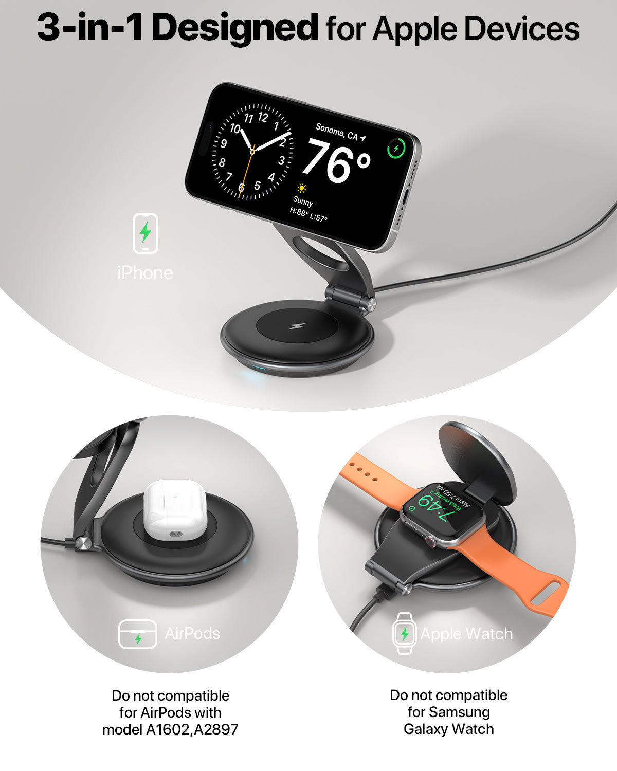 3 In 1 Wireless Travel Magsafe Charger Station For Multiple Devices Magnetic Foldable Charger 30W Charger Included