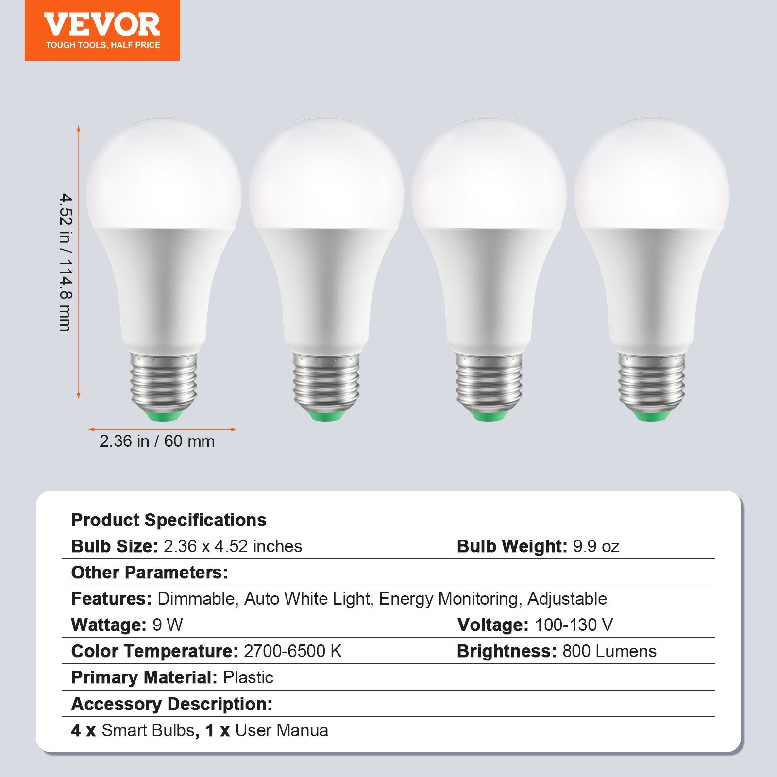 VEVOR Smart Light Bulbs, 4-Pack, 9W Multicolor LED Bulbs, 800 Lumens With Smart Control Compatibility For Vera, Google Assistant, Amazon Alexa, IOS, Android, RGB Color Changing