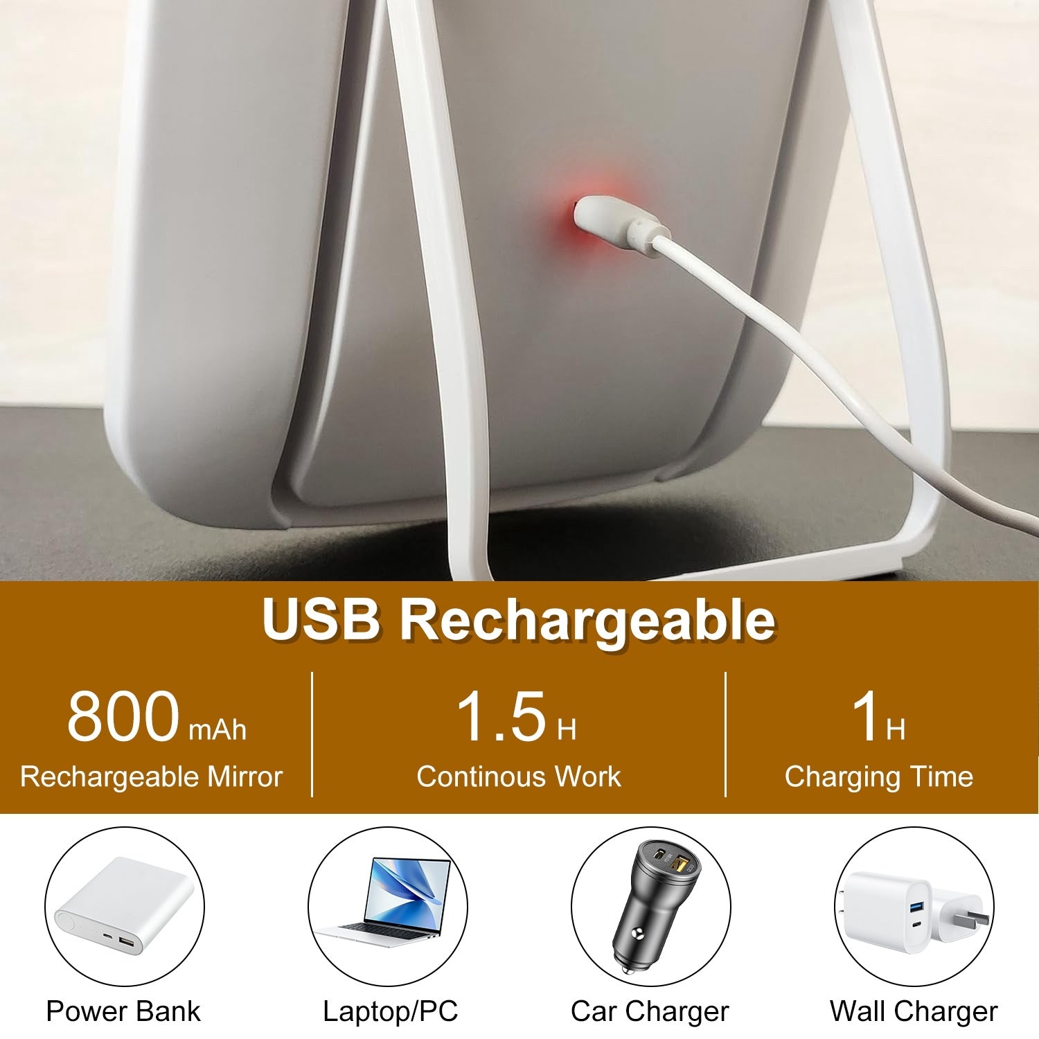 1Pc 5.98x8.62in Lighted Makeup Mirror Vanity Desk Mirror Small LED Mirror With 3 Light Colors Touch Screen Brightness Adjustable USB Rechargeable