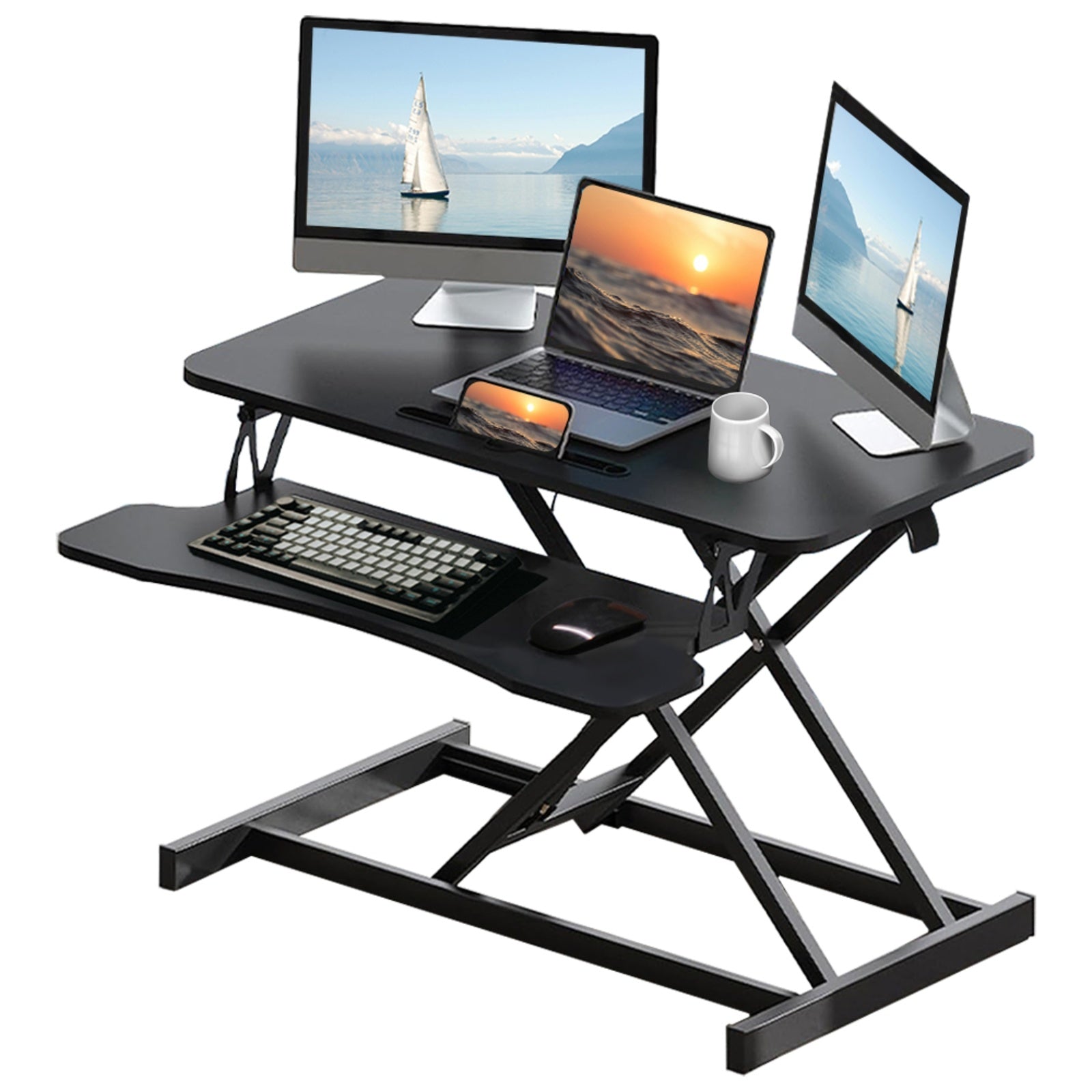 32 Inch Desk Converter, Height Adjustable Sit To Stand Riser, Dual Monitor And Laptop Workstation Wi